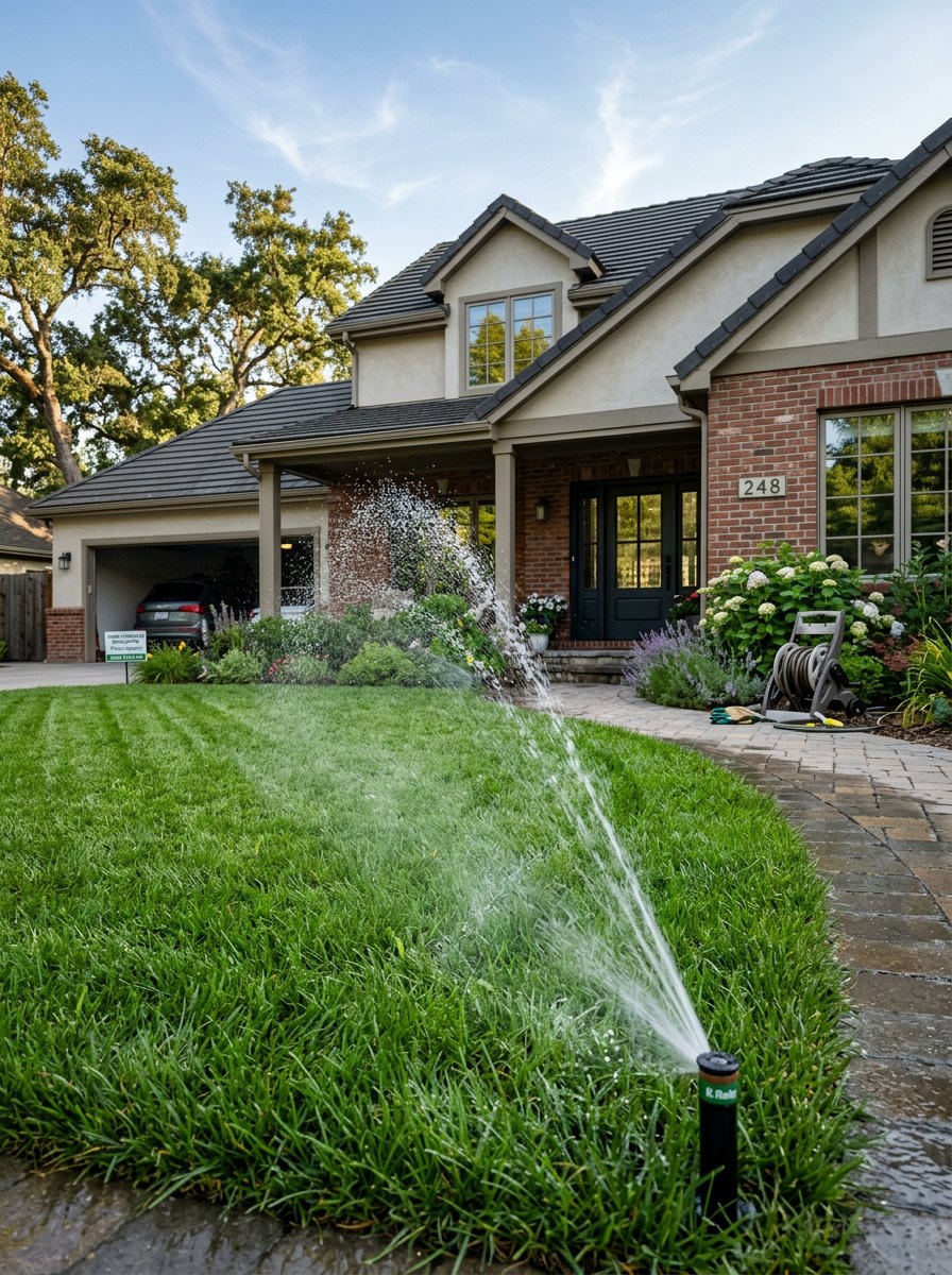 Sprinkler spraying across a manicured front lawn beside a two-story brick and stucco home
