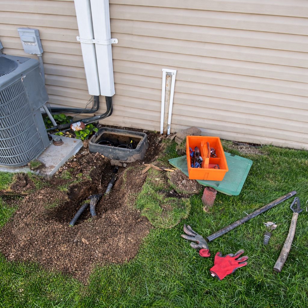 Valve box excavated for a repair with tools laid out