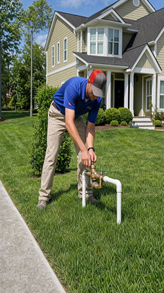 Multiple spray heads irrigating the front lawn of a stone-façade home